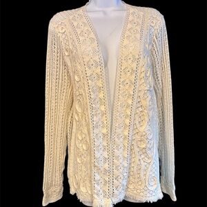CHICOS OPEN WEAVE CARDIGAN WITH CROCHETED DETAIL